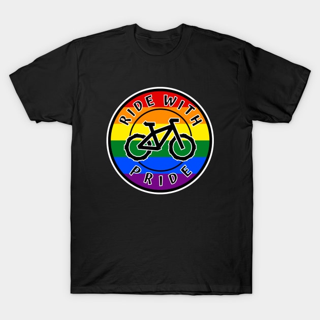 Ride With Pride Rainbow Round - Gay Cyclist - Bike Bicycle - Pride T-Shirt by Bleeding Red Pride